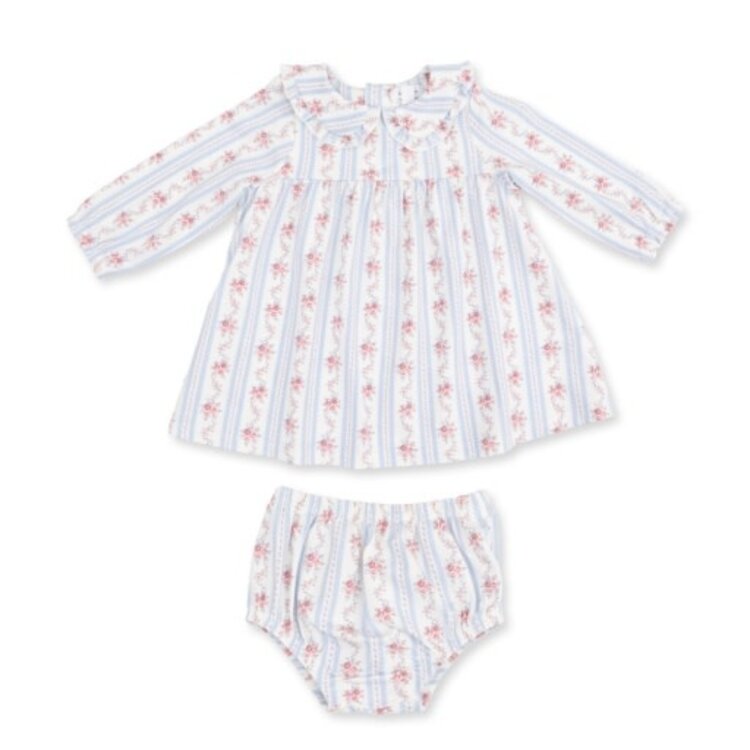 Angel Dear Anna Floral Stripe - Long Sleeve Peter Pan Ruffle Collar Dress and Bloomer