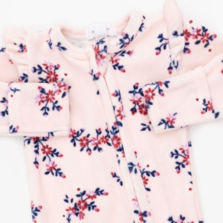 Angel Dear Nora Floral Velour - 2 Way Ruffle Sleeve Zipper Footie