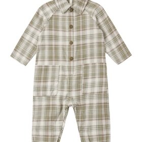 Rylee + Cru LLC COLLARED BABY JUMPSUIT OLIVE DOBBY PLAID