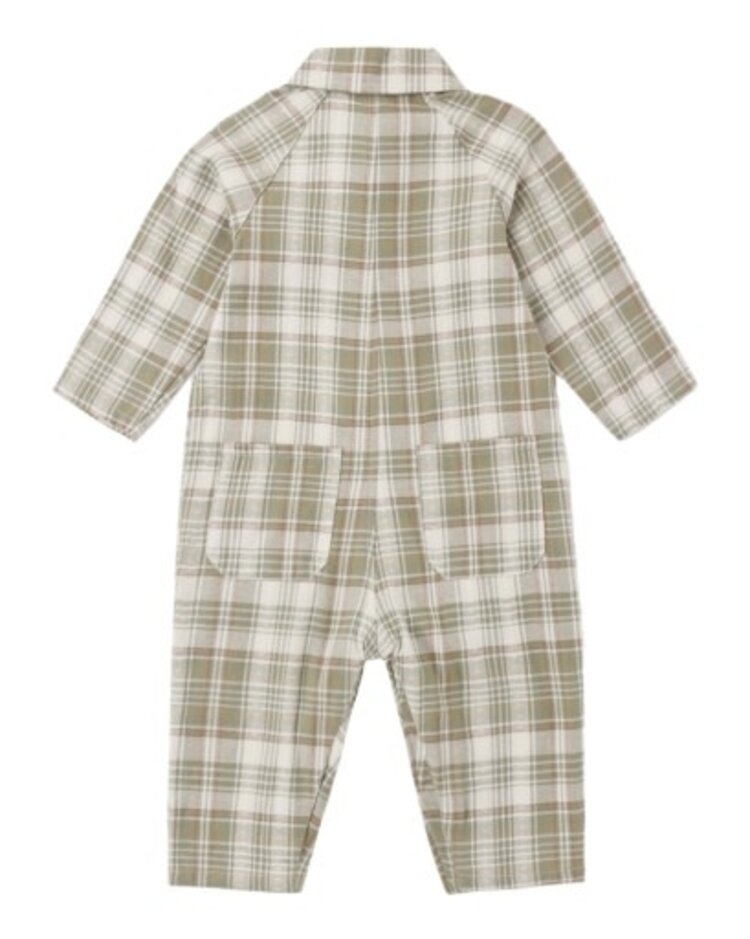 Rylee + Cru LLC COLLARED BABY JUMPSUIT OLIVE DOBBY PLAID