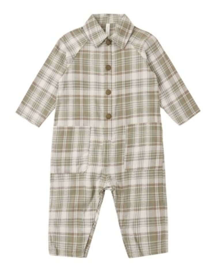 Rylee + Cru LLC COLLARED BABY JUMPSUIT OLIVE DOBBY PLAID