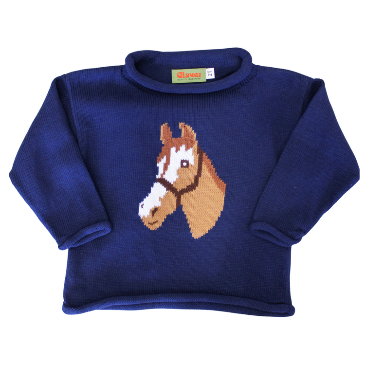 Luigi Kids Navy Horse Roll Neck Sweater