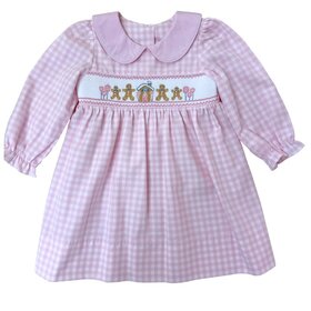 Delaney Pink/White Check Smocked Gingerbread House Dress