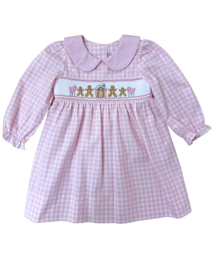 Delaney Pink/White Check Smocked Gingerbread House Dress