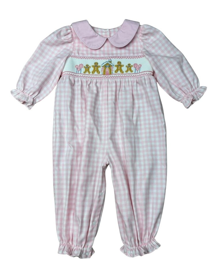Delaney Pink/White Check Smocked Gingerbread House Romper