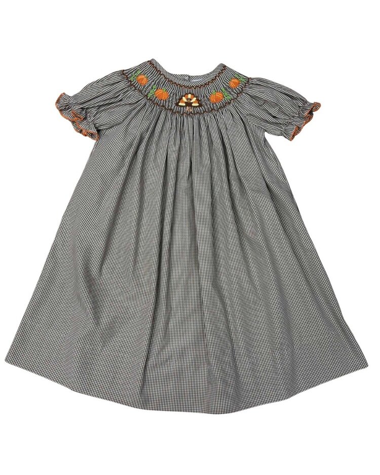 Delaney Brown Check Smocked Turkey & Pumpkin Dress