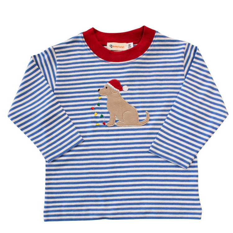 Luigi Kids Dog w/Lights & Santa Hat Blue Stripe LS Shirt