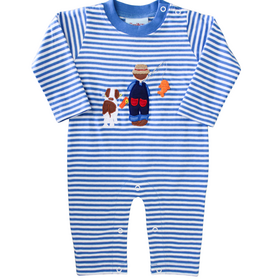 The Smiley Crab Blue Stripe Fisherman with Dog Romper