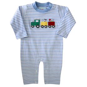 The Smiley Crab Blue Striped Tool Train Romper