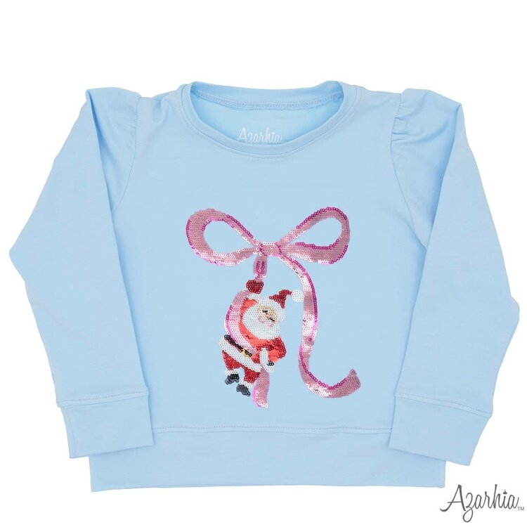 Azarhia Light Blue Sequin Santa Bow Top