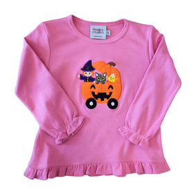 The Smiley Crab Pink Ruffle Pumpkin Witch Cat Shirt