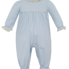 Petit Bebe Blue Knit Romper w/Orange Print Ruffle Collar