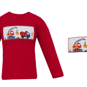 Anavini Red Smocked Construction Trucks Shirt