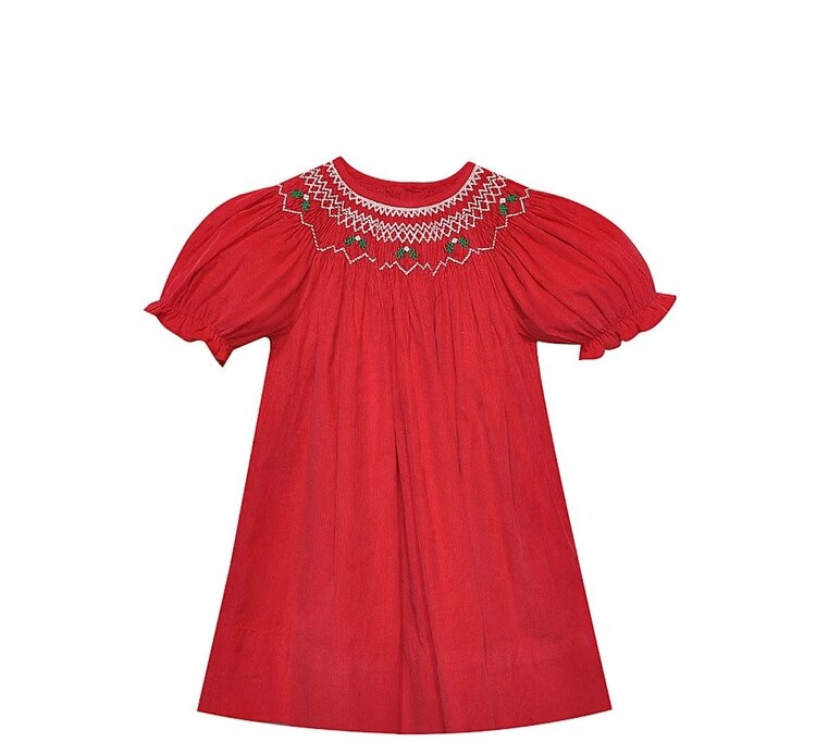 Remember Nguyen Red Hollies Corduroy Bishop Dress