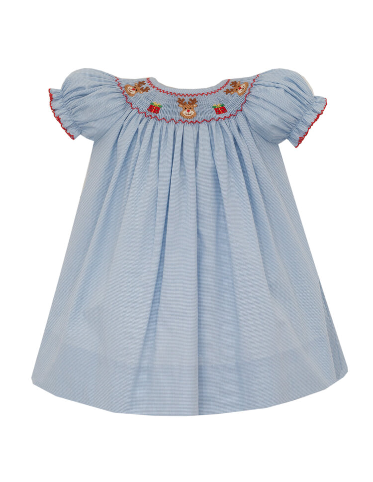 Petit Bebe Blue Gingham Smocked Reindeer Bishop
