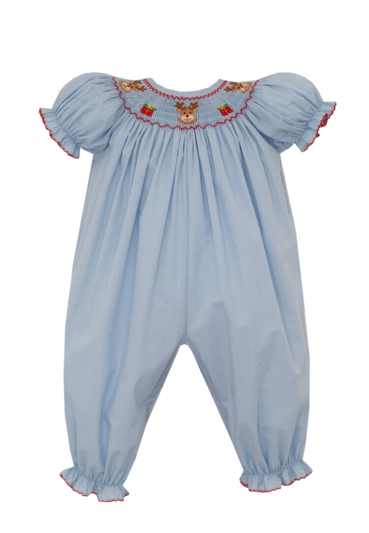 Petit Bebe Bl Ging Reindeer Smocked Bishop Bubble
