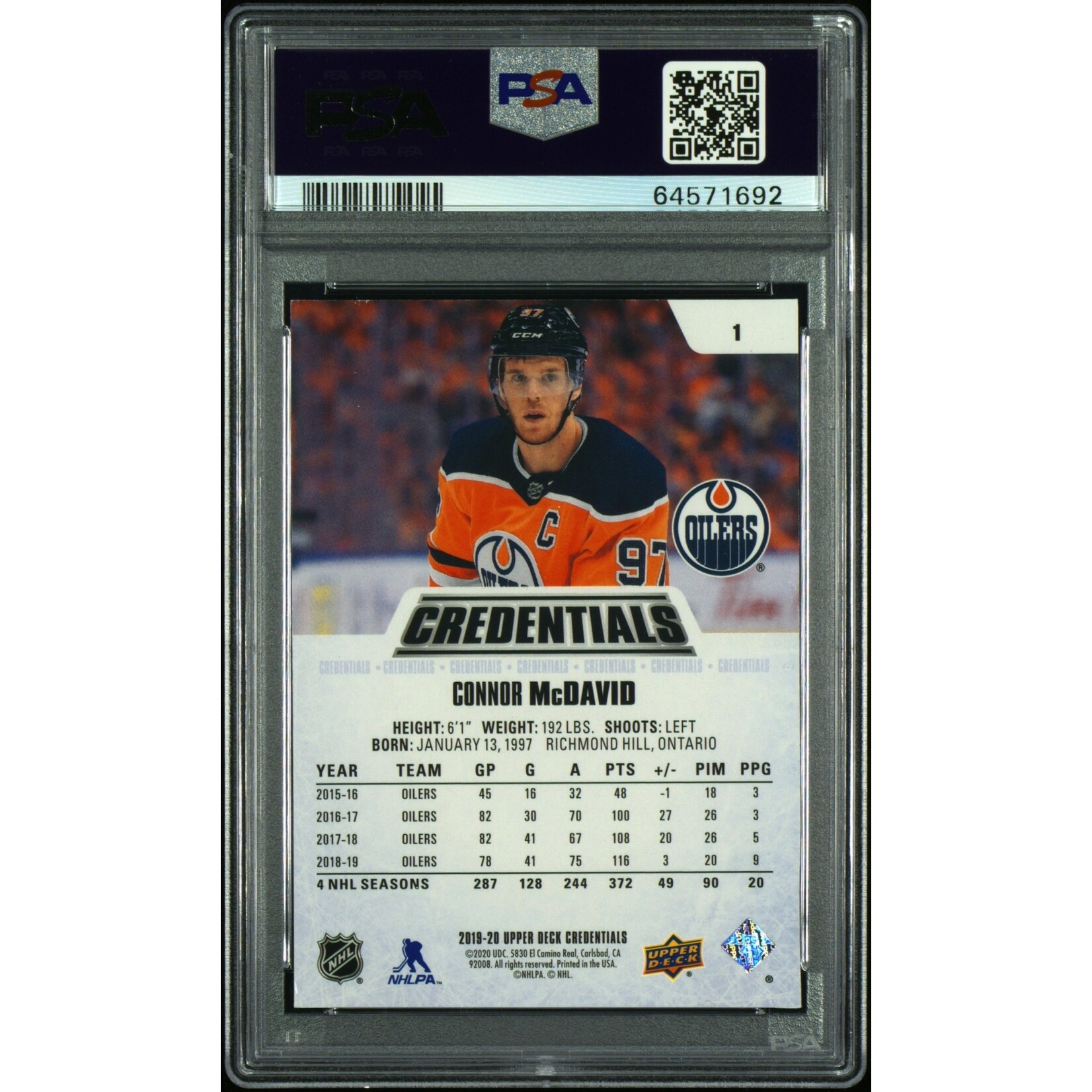 2019 UD Credentials Connor McDavid Purple #1 PSA 6