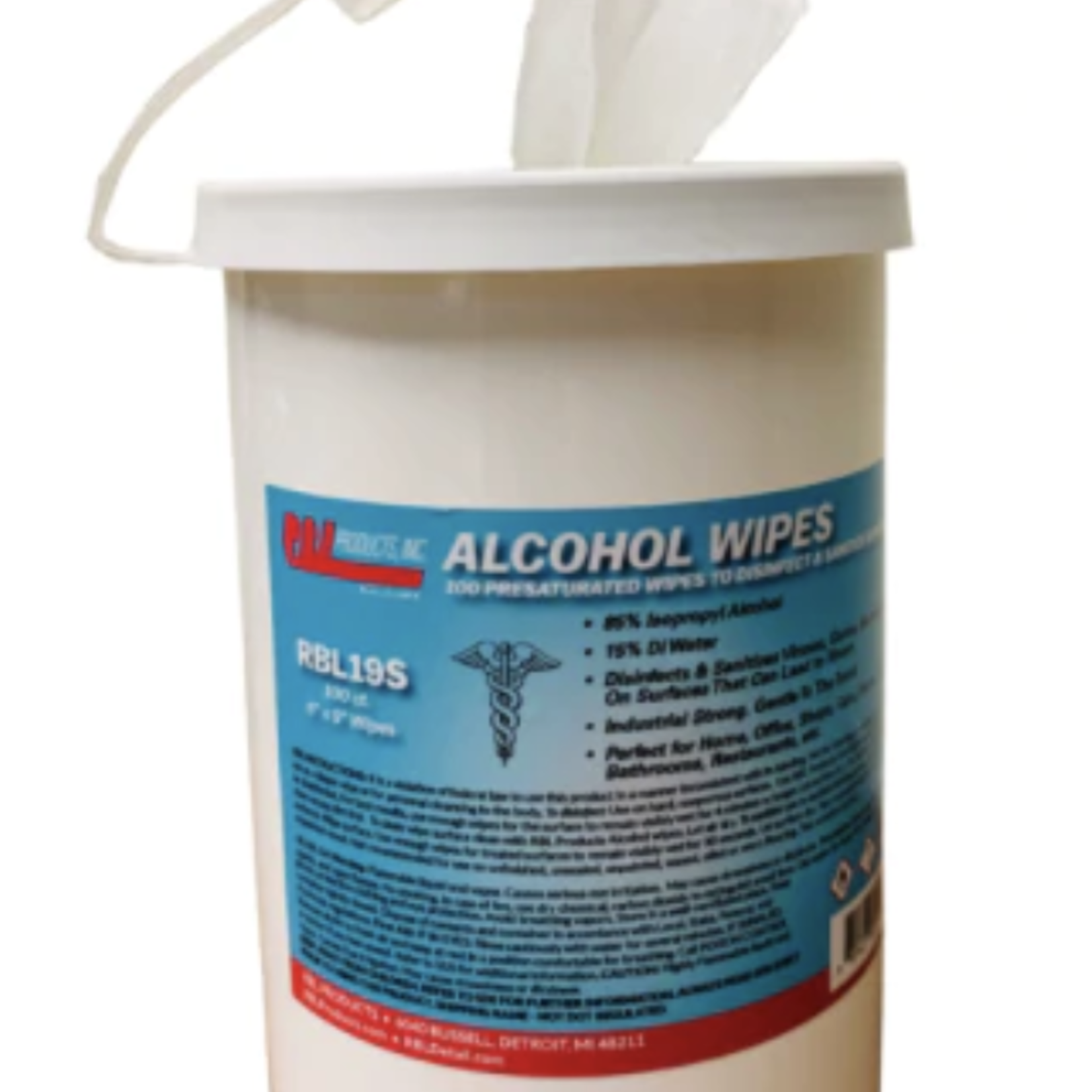 RBL PRODUCTS DO NOT SELL THESE - LAWSUIT AGAINST BRAND - RBL 85% INDUSTRIAL GRADE ALCOHOL WIPES - CANISTER/100PCS