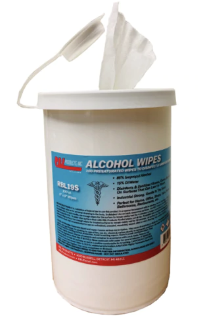 RBL PRODUCTS RBL 85 INDUSTRIAL GRADE ALCOHOL WIPES CANISTER/100PCS