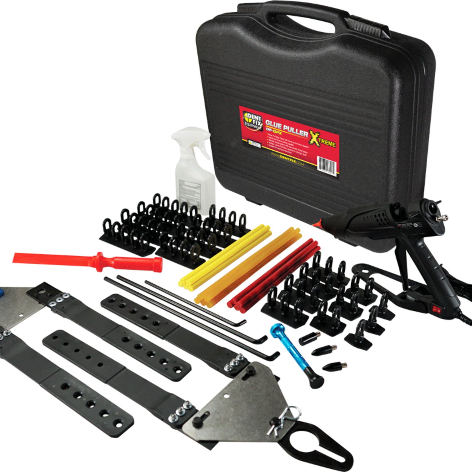 DENTFIX Glue Puller Xtreme: SPECIFICATIONS Glue Gun: 12V Glue Type: Heavy Duty 5-Ring Tabs: Four 4-Ring Tabs: Four 3-Ring Tabs: Four 2-Ring Tabs: Three 1-Ring Tabs: Three Knock Down Tool: 4 Heads