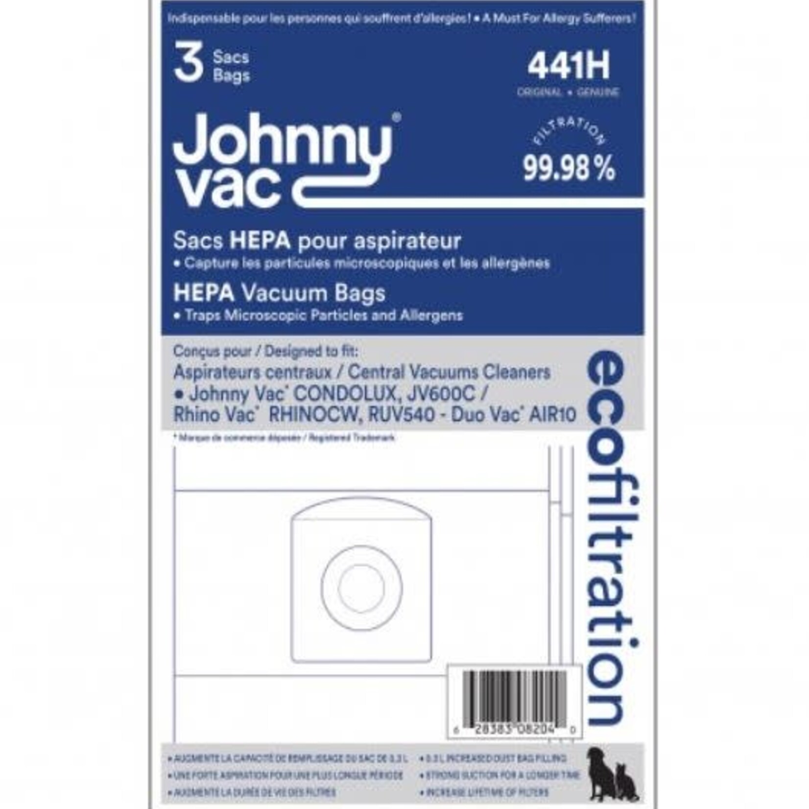 Johnny Vac Sacs micro filtre hepa JVAC condolux JV600C AIR10 Paquet de 3 441H