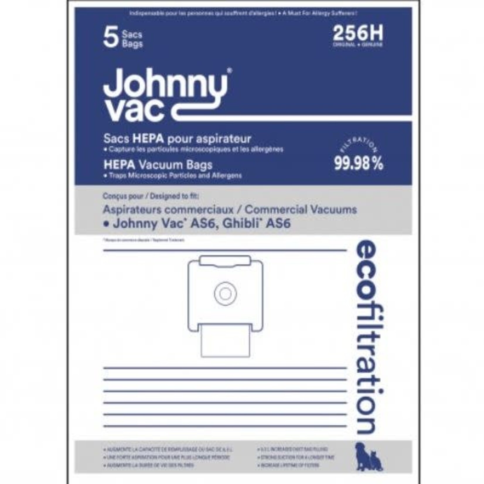 Johnny Vac Sacs micro filtre hepa JVAC AS6 Paquet de 5 256H