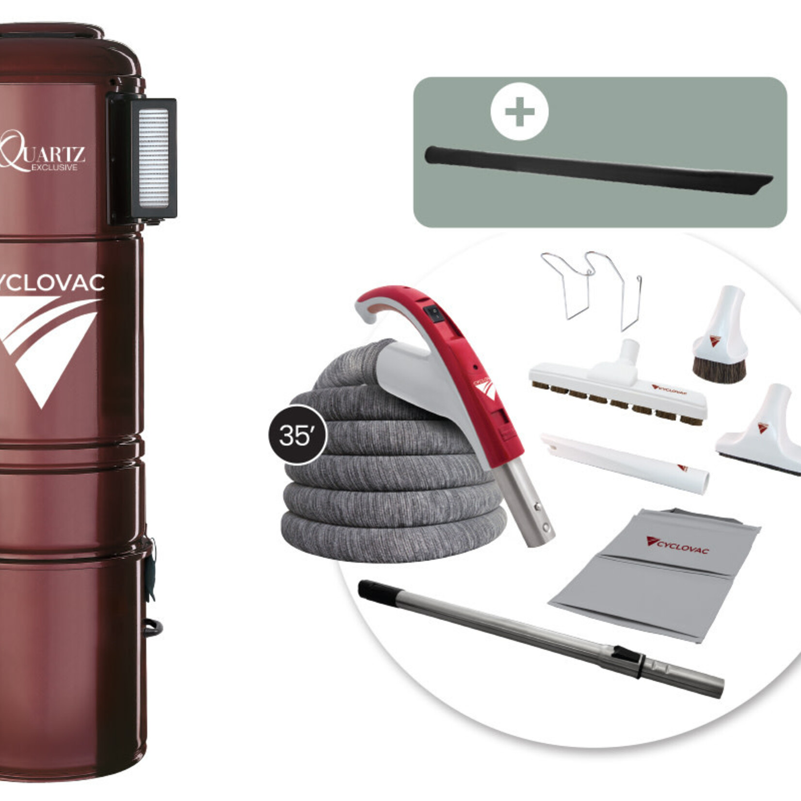 Cyclovac VCYQUARTZPA2 Aspirateur central Quartz Exclusive hybride - avec ensemble d'accessoires 24V Super Luxe - boyau 35 pi.