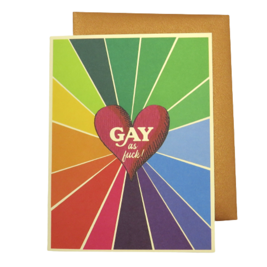 Offensive & Delightful Gay As Fuck Red Heart Rainbow Background Card