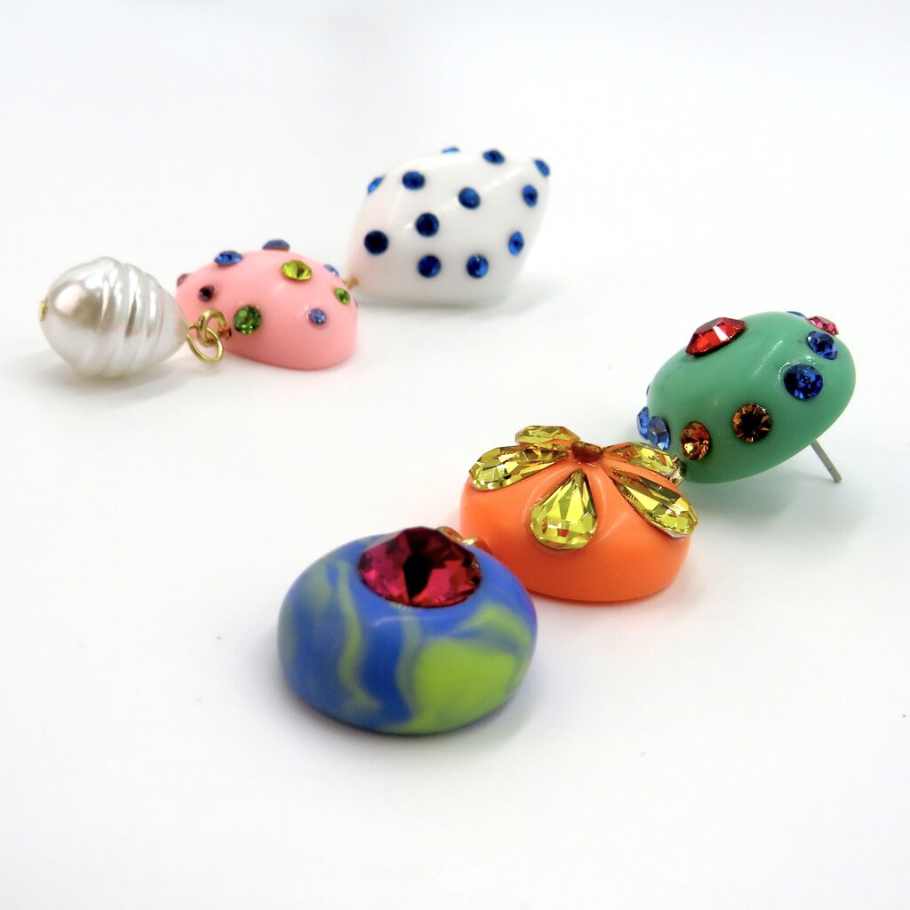 Peepa's Accessories Mismatched Jeweled Dangly Polymer Clay Earrings