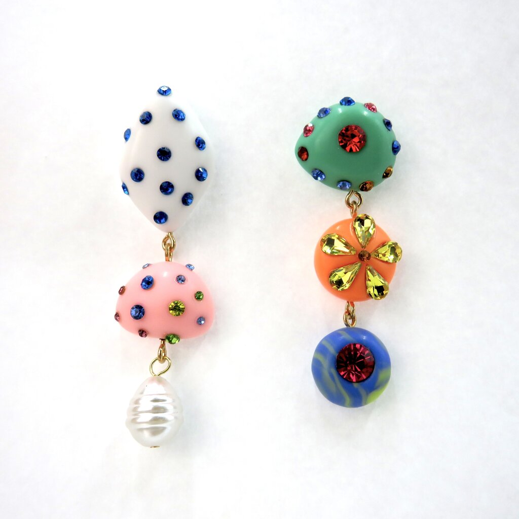 Peepa's Accessories Mismatched Jeweled Dangly Polymer Clay Earrings