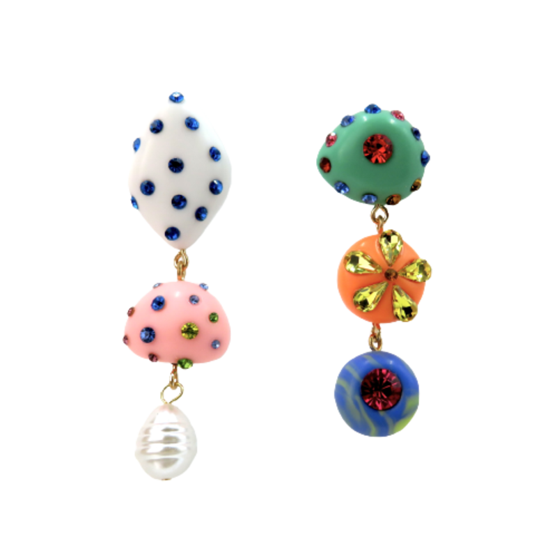 Peepa's Accessories Mismatched Jeweled Dangly Polymer Clay Earrings