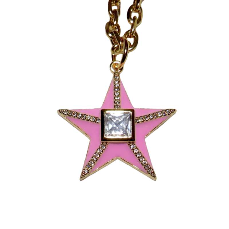 California Caftans Pink Enamel Star 16" Gold Plated Necklace