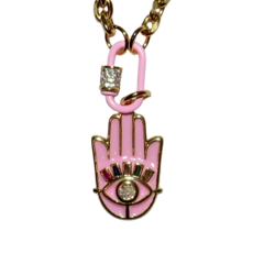California Caftans  Pink Enamel Hamsa Hand 19" Gold Plated Necklace