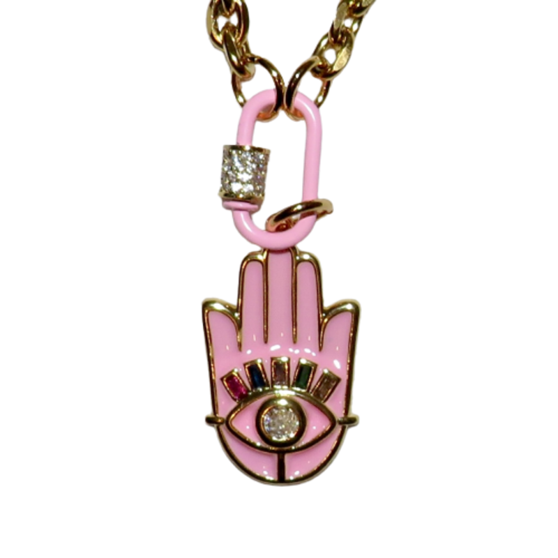 California Caftans Pink Enamel Hamsa Hand 19" Gold Plated Necklace