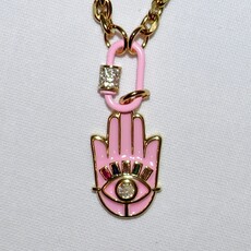 California Caftans  Pink Enamel Hamsa Hand 19" Gold Plated Necklace