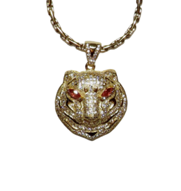 California Caftans Jeweled Tiger w/ Red Eyes 19" Gold Plated Necklace