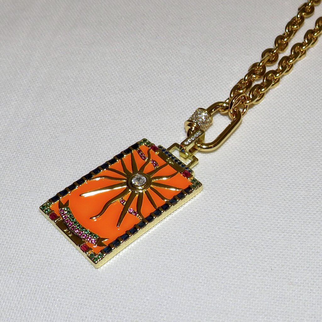 California Caftans Orange Enamel Sun Square 18" Gold Plated Necklace