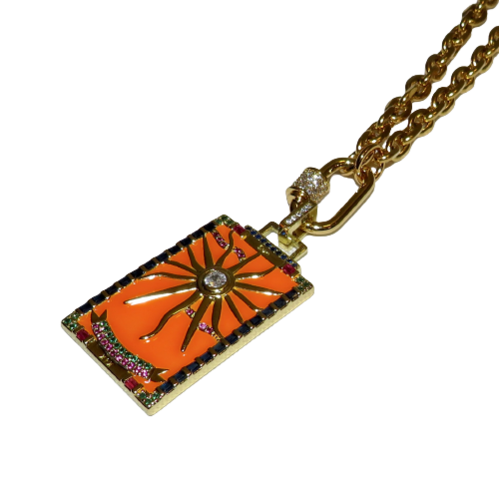 California Caftans Orange Enamel Sun Square 18" Gold Plated Necklace