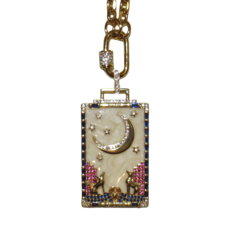 California Caftans  Enamel Wolves Moon Square 18" Gold Plated Necklace