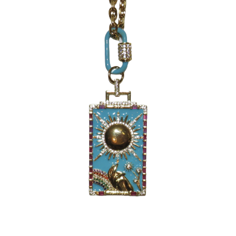 California Caftans Teal Enamel Hand Sun Square 18" Gold Plated Necklace