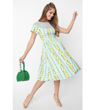 Unique Vintage Mesh neckline fit and flare lemons dress