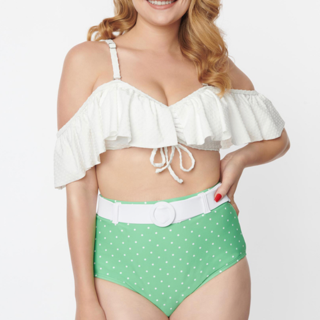 Unique Vintage Ruffle White Swim Top W Removeable Straps