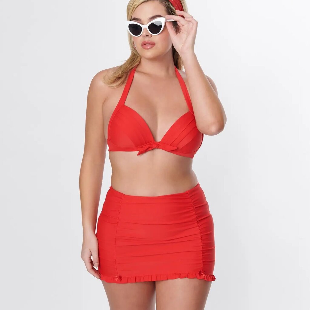 Unique Vintage Drawstring Ruffle Red Swim Skirt