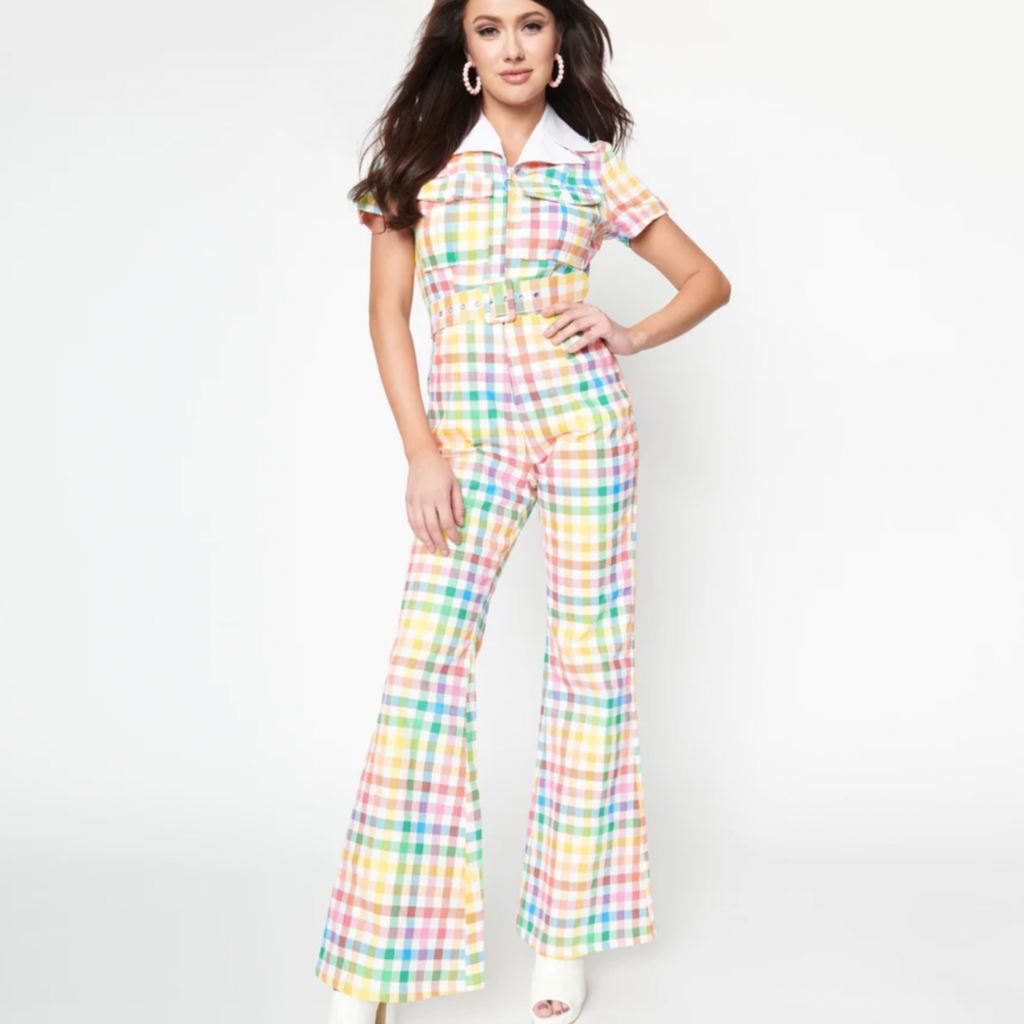 Unique Vintage Rainbow Gingham Belted Jumpsuit