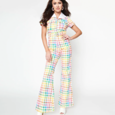 Unique Vintage Rainbow Gingham Belted Jumpsuit