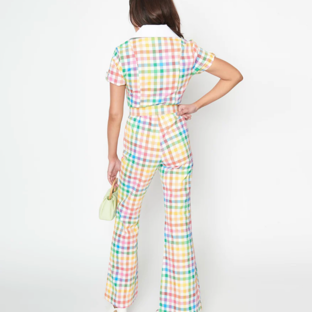 Unique Vintage Rainbow Gingham Belted Jumpsuit