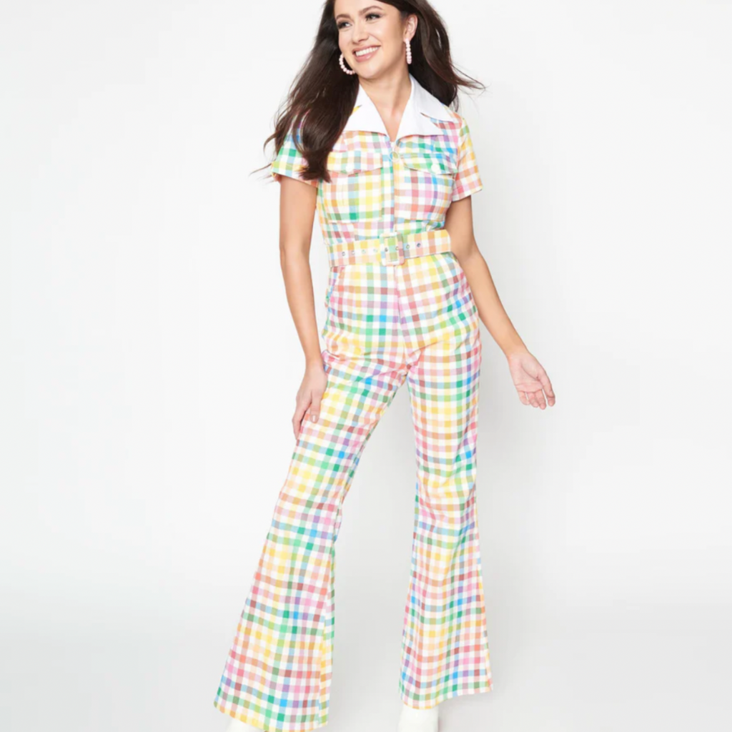 Unique Vintage Rainbow Gingham Belted Jumpsuit