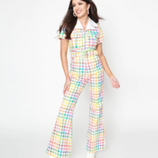 Unique Vintage Rainbow Gingham Belted Jumpsuit
