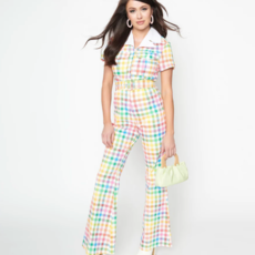 Unique Vintage Rainbow Gingham Belted Jumpsuit