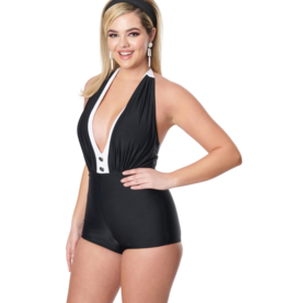 Unique Vintage Black Halter Swimsuit w/ White Trim